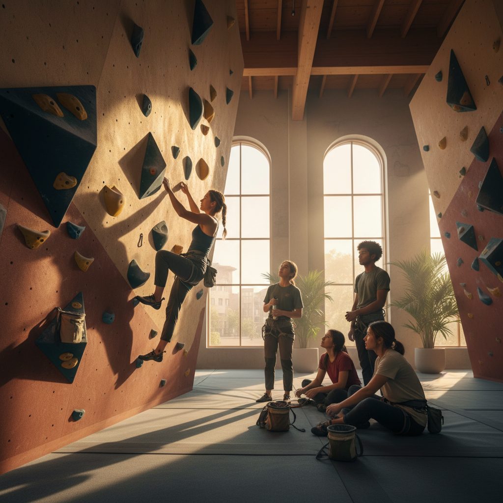 Familias y escaladores en una sala de escalada con grandes ventanales