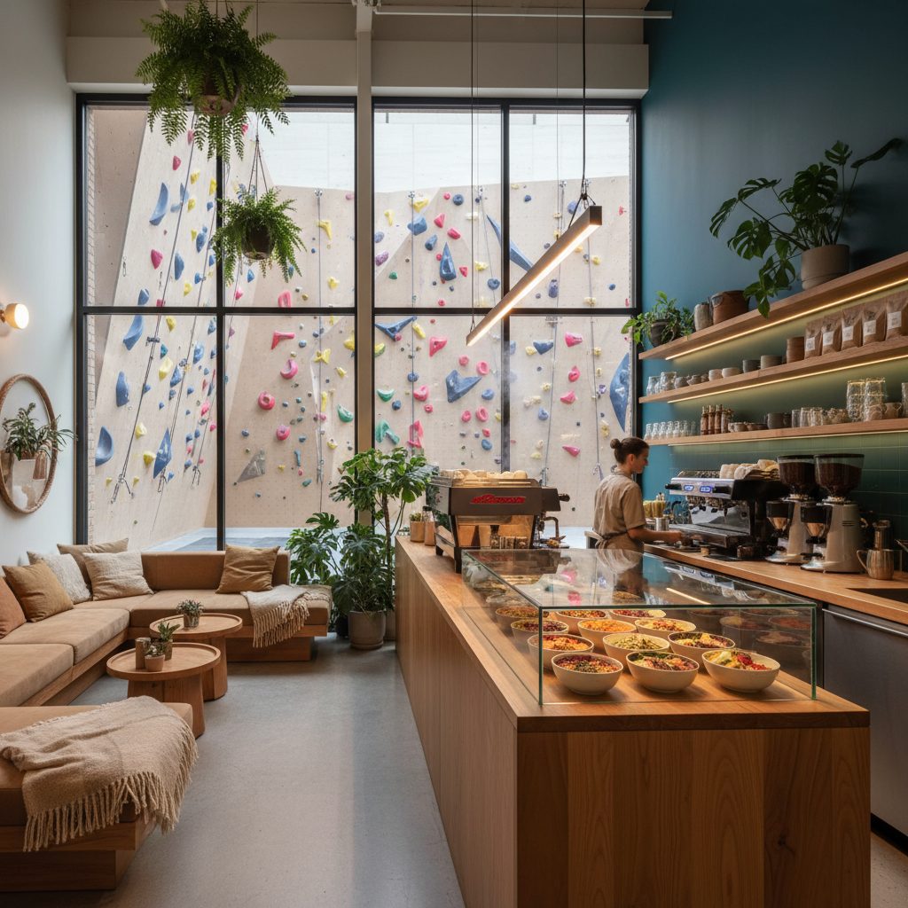 Zona de café con sofás junto a la pared de escalada