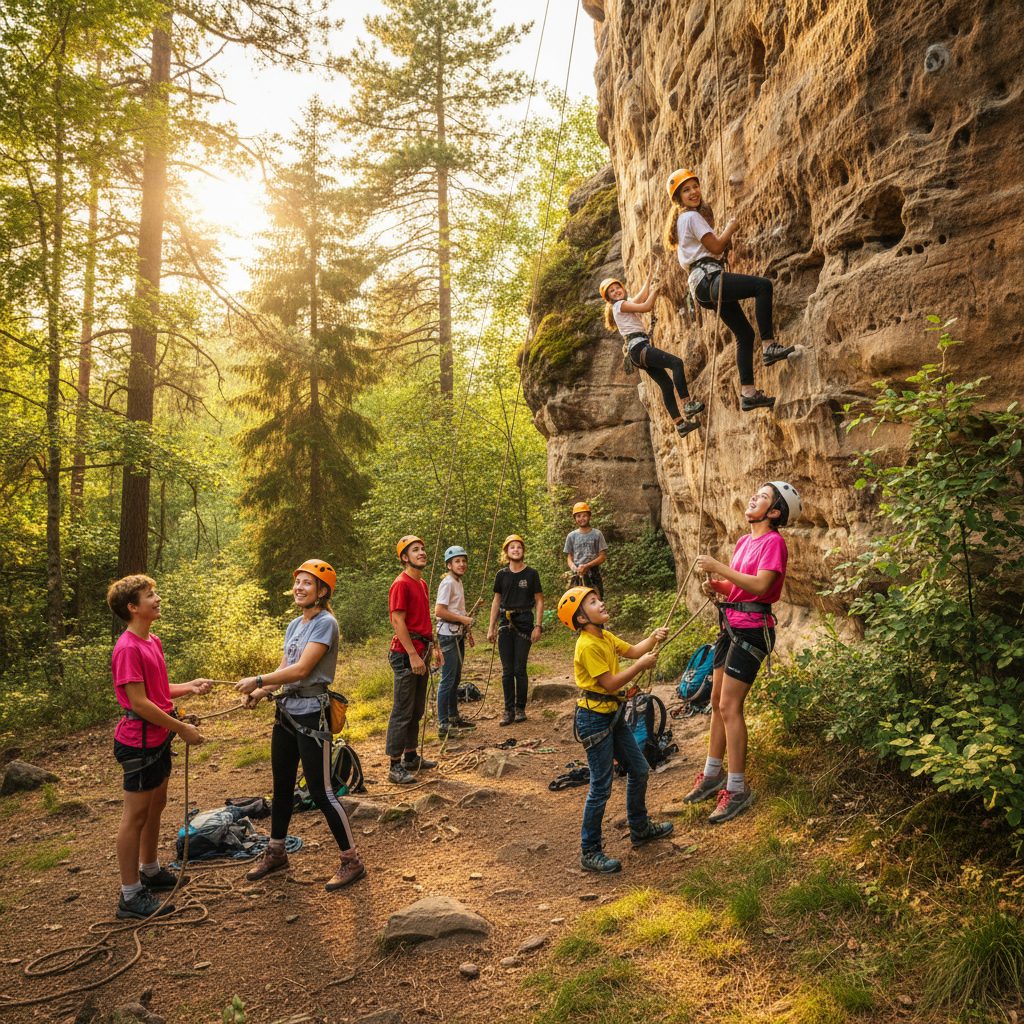 Niños y monitores de campamento al pie de una pared de roca en el bosque