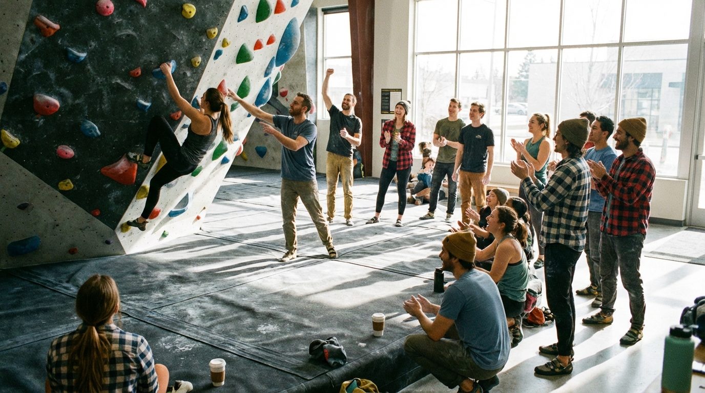 Grupo de escaladores charlando al pie de la pared