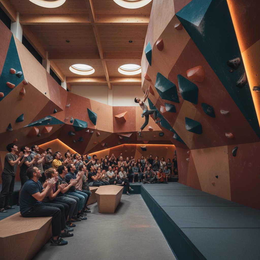 Público viendo una competición de escalada en una sala llena