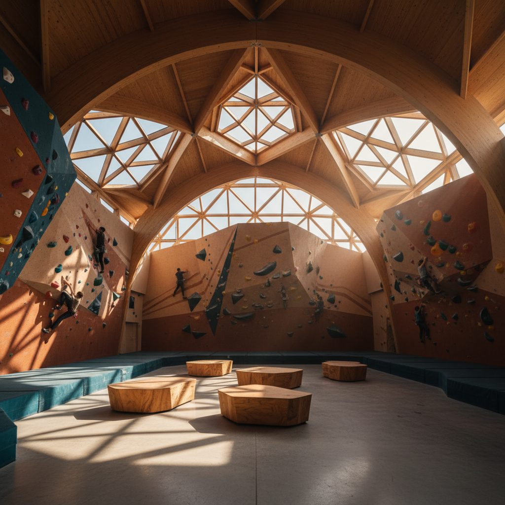 Sala de boulder con gente escalando por la tarde
