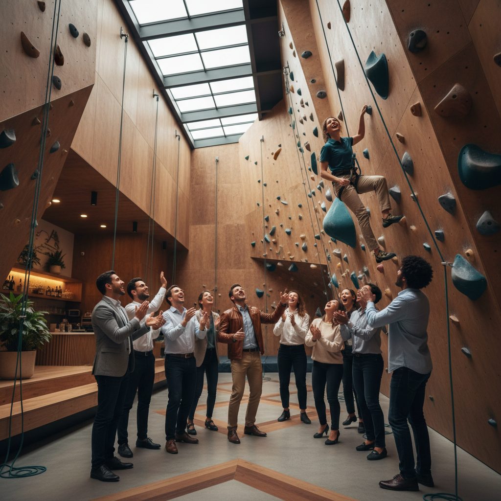 Grupo de compañeros de trabajo celebrando al pie de la pared de escalada