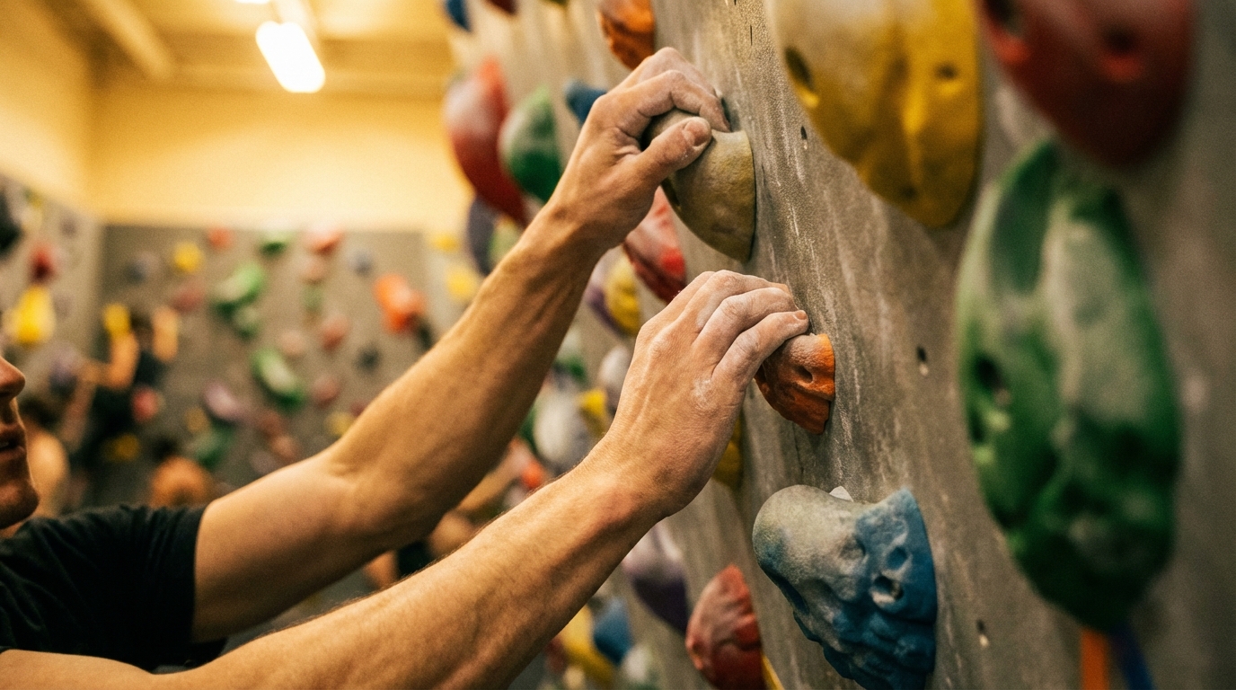 Manos de escalador agarrando presas de colores en un rocódromo