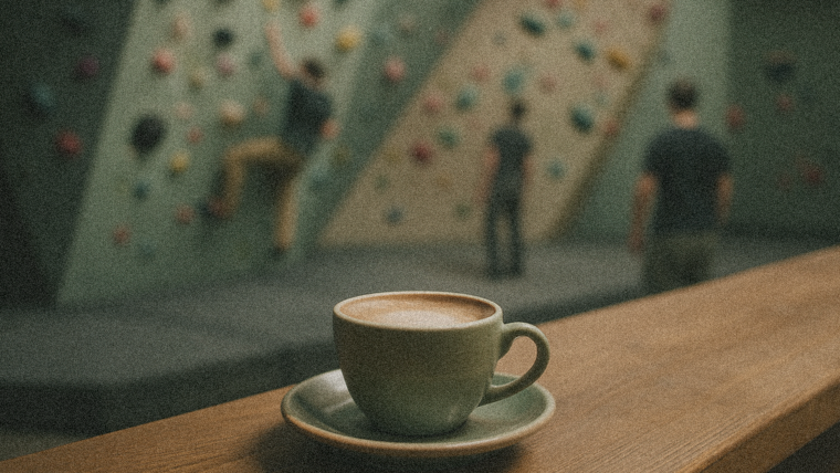 Un café sobre una barra de madera con un muro de boulder desenfocado al fondo