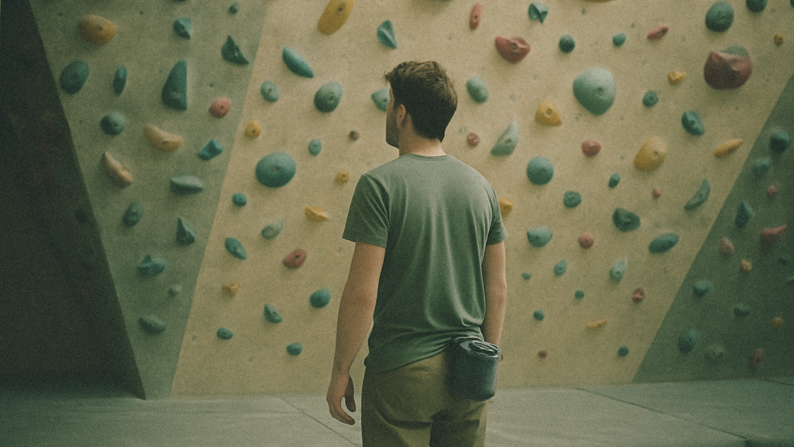 Escalador principiante de espaldas mirando un muro de boulder con presas de colores